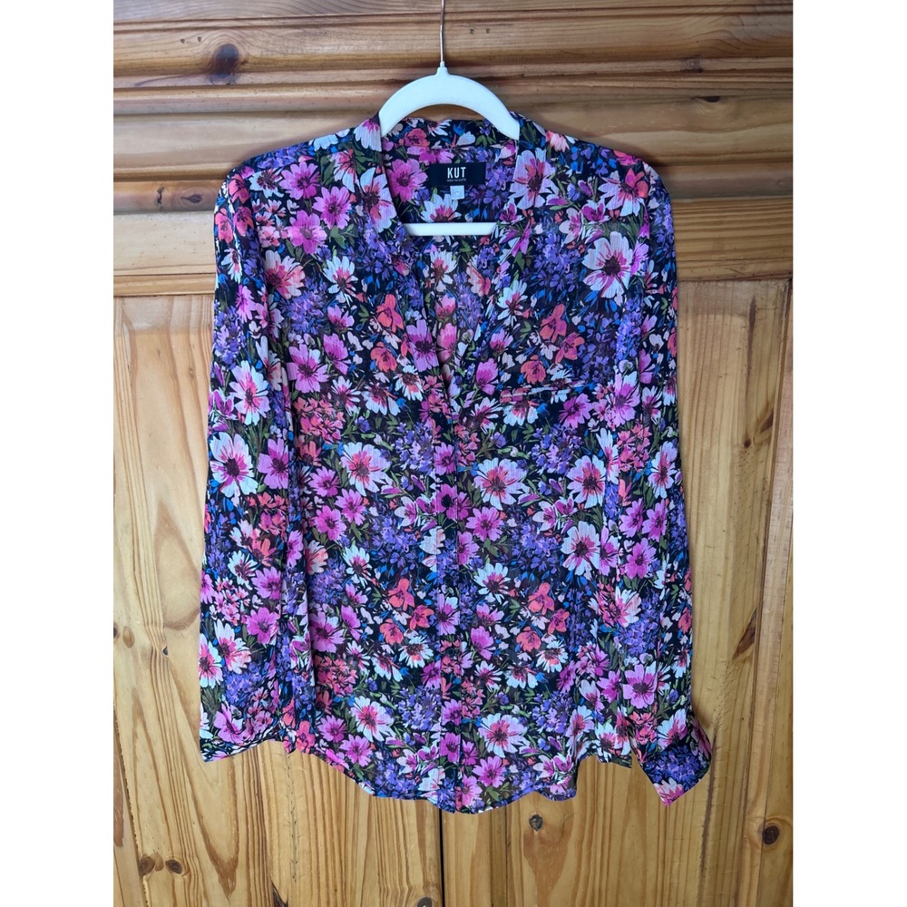 KUT from the Kloth Floral Button Down Blouse Pink Purple Blue Medium